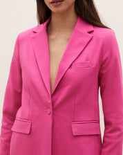 Close-up do blazer rosa com lapela e bolsos com aba, destacando os detalhes.