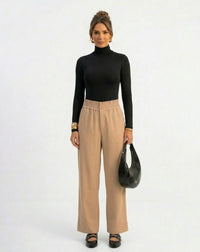 Calça Pantalona com Cós de Elástico - Bege - BEGE / BEGE / G