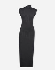 Imagem plana do vestido midi tricot cinza mescla sobre fundo branco exibindo silhueta alongada e gola alta