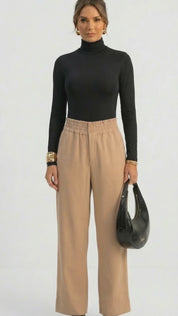 Calça Pantalona com Cós de Elástico - Bege
