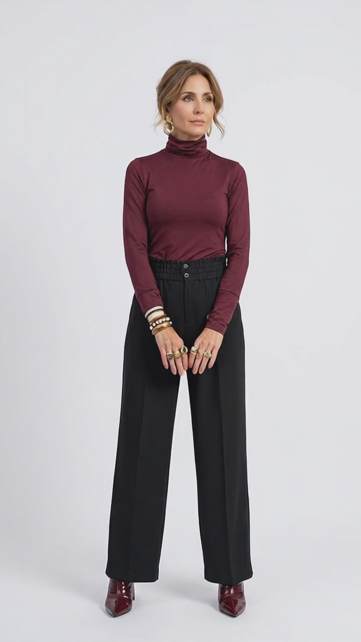 Calça Pantalona com Cós de Elástico - Preto